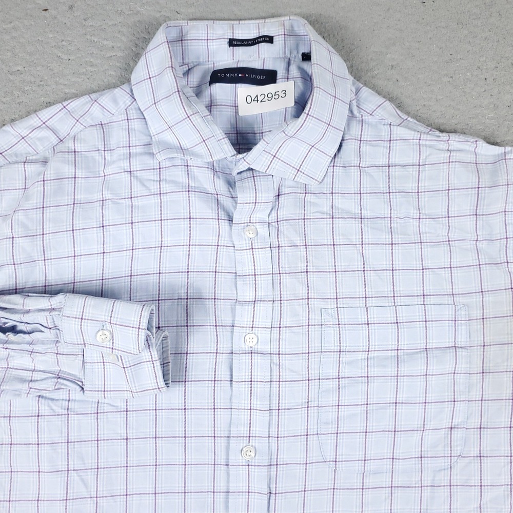Tommy Hilfiger Shirt Mens Large Blue Check Casual Button Up Long Sleeve *
